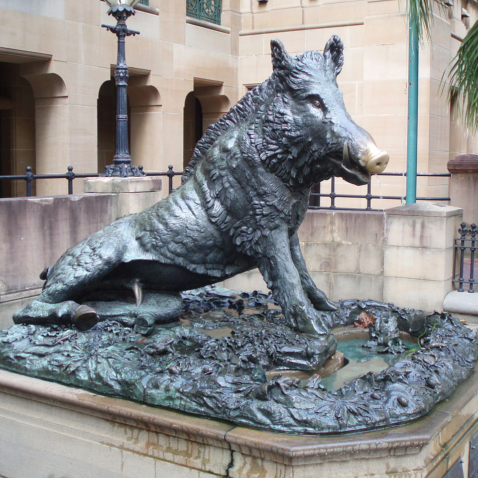 bronze wild boar drooling fountain